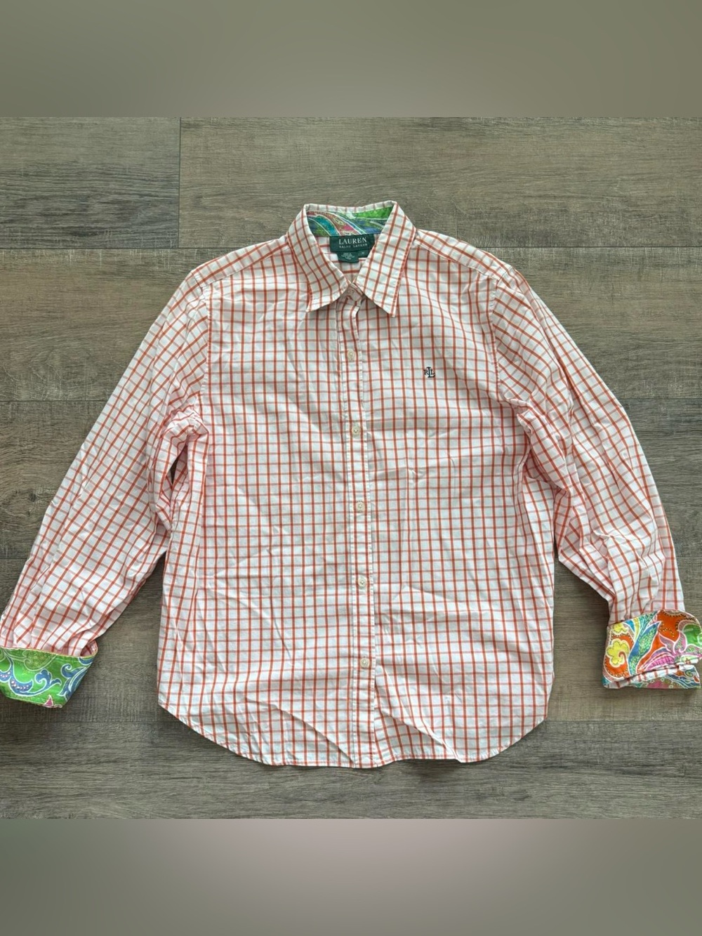 LAUREN RALPH LAUREN Plaid & Paisley Cuff Button Down Shirt Orange White Preppy M